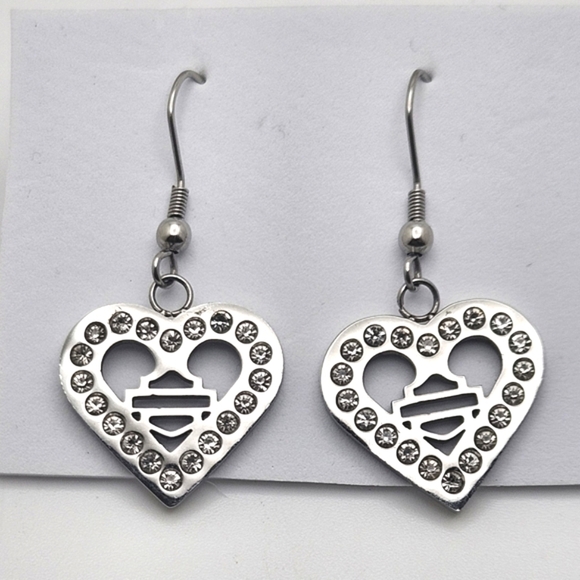 🟢3/$19🟢 Harley Davidson Style BIKER Steel Silver Crystal Heart Dangle Earrings - Picture 1 of 3